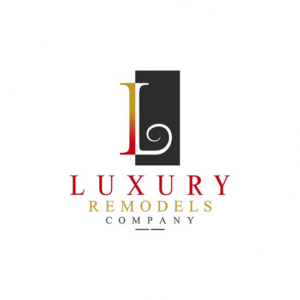 Luxury remodels company. The letter L in a rectangle all in black with the red, decorative font.