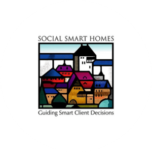 Social smart homes logo a design based on construction logo ideas in the shape of an old colored church glass window. Layers of little houses in different shapes.