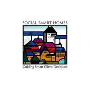 Social smart homes logo a design based on construction logo ideas in the shape of an old colored church glass window. Layers of little houses in different shapes.