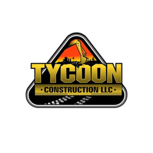 Yellow and black Tycoon construction logo. Triangual shaped with a digging machine