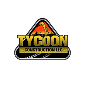 Yellow and black Tycoon construction logo. Triangual shaped with a digging machine