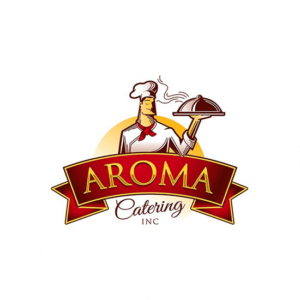 Aroma Catering food logo ideas. A chef holding a plate of food. A character logo