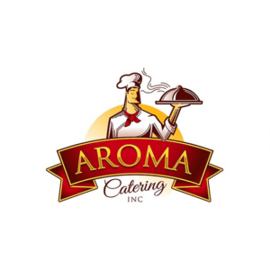 Aroma Catering food logo ideas. A chef holding a plate of food. A character logo