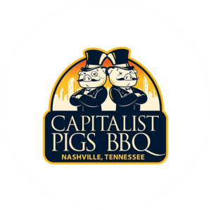 Capitalist Pigs Food. Two pigs dressed smartly standing back to back.