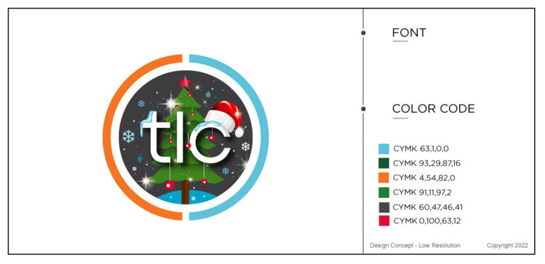 The Logo Company Christmas Logo design. A round icon with a Christmas tree and a Santa hat on the letter c