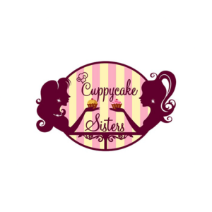 Cuppycake sisters feminine logo ideas in a vintage style. 2 women having a cup of tea eating cupcakes.