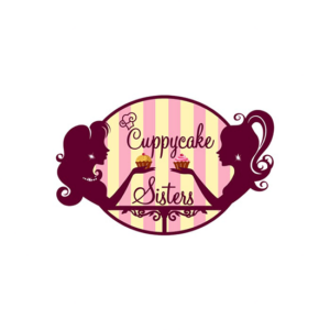 Cuppycake sisters feminine logo ideas in a vintage style. 2 women having a cup of tea eating cupcakes.