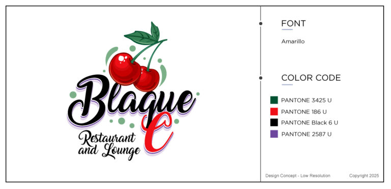 Blaque C Restaurant & Lounge new modern logo design with cherries and a sense of movement.