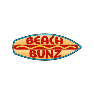 Beach Bunz modern logo design in the shape of a surfboard with a hot dog in the middle. The surfboard also becomes the bun.