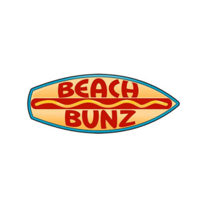 Beach Bunz modern logo design in the shape of a surfboard with a hot dog in the middle. The surfboard also becomes the bun.