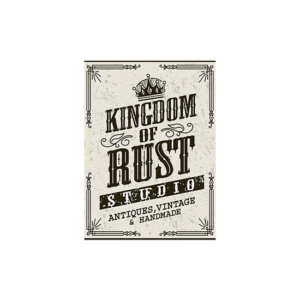 Kingdom of Rust Studio. Vintage interior design logo in grey in the shape of a poster