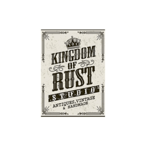 Kingdom of Rust Studio. Vintage interior design logo in grey in the shape of a poster