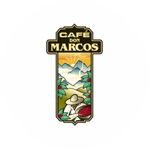 A café logo design made by us in an illustrative style with mountains and a coffee plantation.