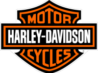 Harley Davidson edgy logo design. Everybody recognises the orange and white badge shaped logo.