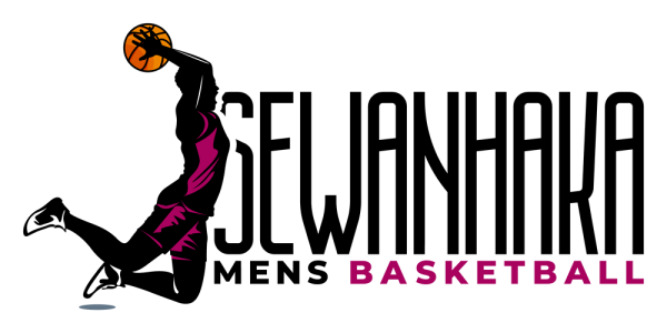 A jumping basketball player on the left. The name Sewanhaka mens basketball. The design created for the case study for a sports logo