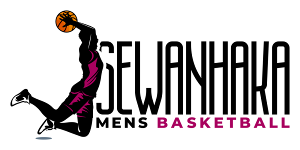 A jumping basketball player on the left. The name Sewanhaka mens basketball. The design created for the case study for a sports logo