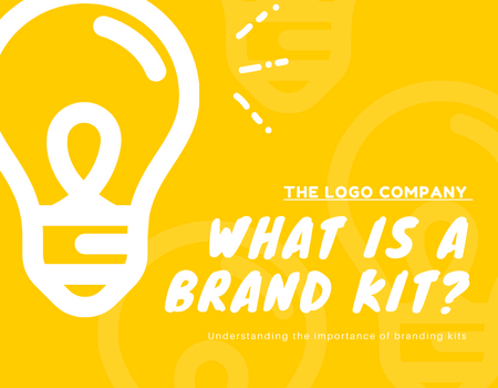 A yellow page with a big light bulb in white. What is a brand kit written in big white font