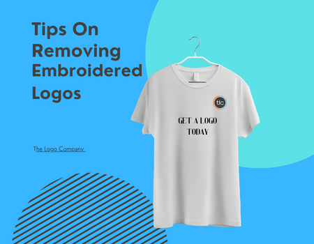 T-shirt on a blue green back ground with the words, tips on removing embroidered logos