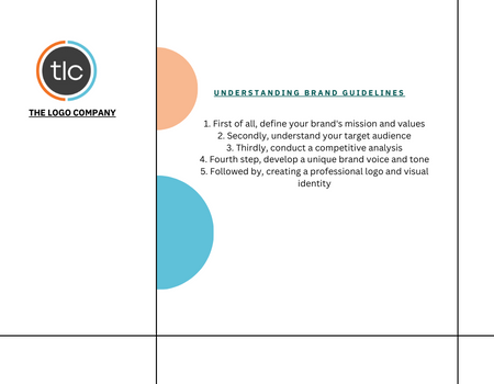 5 bullet points on understanding brand guidelines. Two half circles on orange and blue