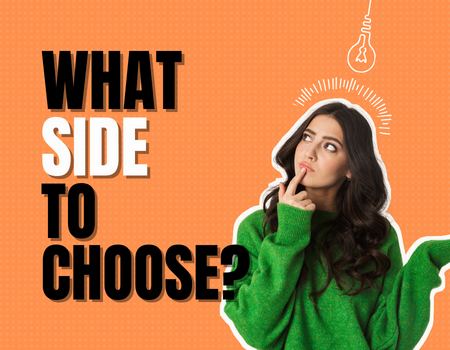 a girl in a green sweater thinking of where the best placement is for a logo