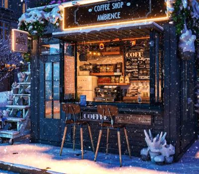 Winer cafe logo design above a café in wintertime. Full of feelings and snow.