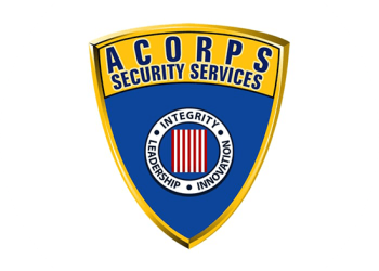 Triangular shaped logo with the angle down to symbolise stability. A Corps Security logo in blue, yellow and red.