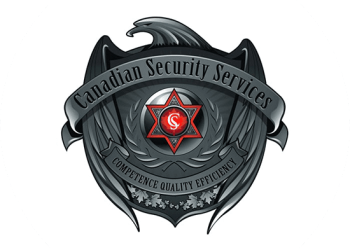 Beautiful Canadian Security shield shaped logo with a royal eagle all in steel great. The inside of the logo has a red outlined star