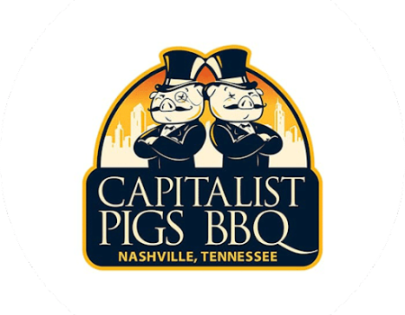 Capitalist pigs bbq logo with two handsome pigs standing back to back.
