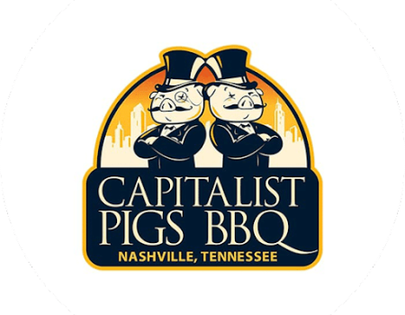 Capitalist pigs bbq logo with two handsome pigs standing back to back.