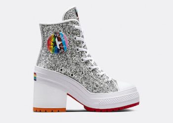 High heel converse shoe all sparkles and glitter with the pride logo