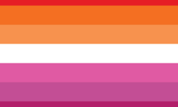 Lesbian flag logo in pink and orange.