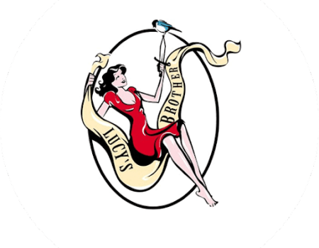 Lucy's pin up logo design. A girl and a banner swing in red