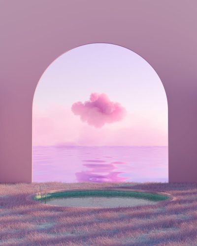 Digital Dreamy Landscape of Pool and Sea at Sunset