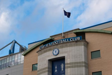 Facade of FC Chelsea in London. Football logo design ideas on a building