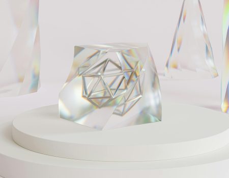 Clear Diamond on White Round Table. Rendering digital art is complex