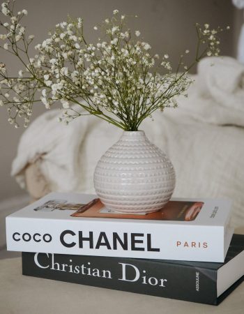Coco Chanel's black logo design on the back of a book and the same logo in white on the back of a second book.