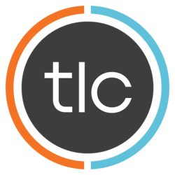 TLC Logo in black, blue and orange. A simple beautiful button shaped logo shape