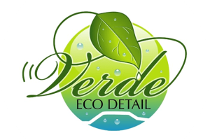 Green logo design for Verde Eco Detail. A circular logo with a leaf on top.