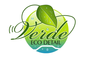 Green logo design for Verde Eco Detail. A circular logo with a leaf on top.